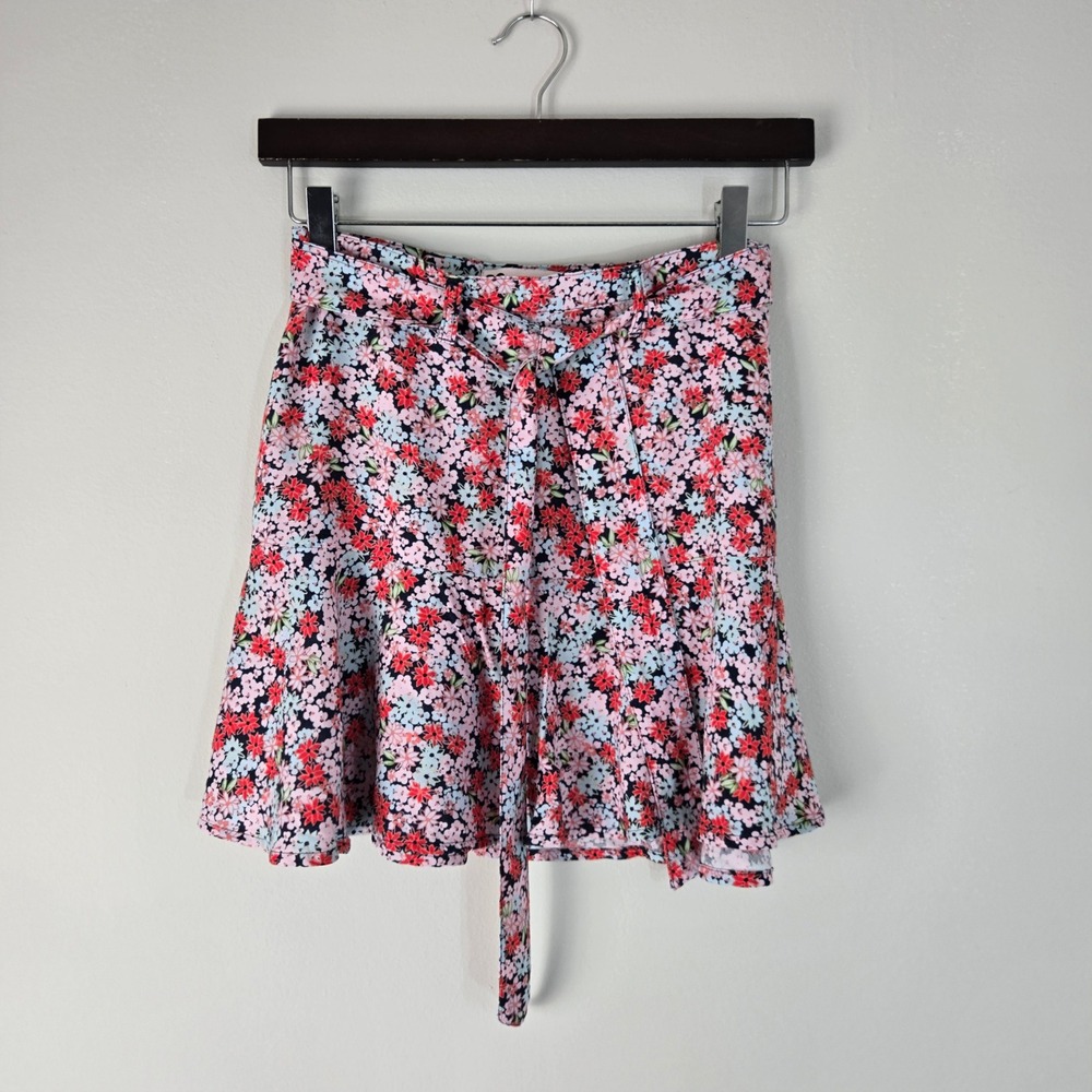 SO Goods For Life Floral Mini Skirt XS Navy Red Pink Ditsy Print Rayon Tie Waist